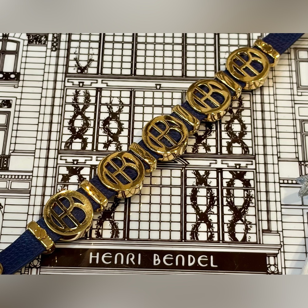 NEW FULL INCLUSION HENRI BENDEL BLUE/GOLD LEATHER BRACELET w/SWAROVSKI CRYSTALS - Picture 9 of 12